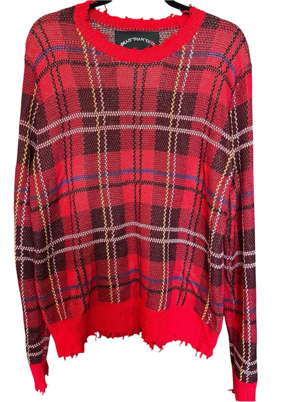 Dead. Than. Cool. Red Plaid Tartan Wool Blend Distressed Punkcore Sweater Sz M